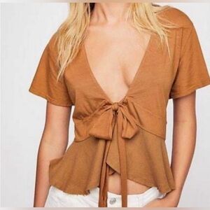 FP We The Free “Knot Me” Cardigan Style Camel Colored Peplum Top With Tie Waist